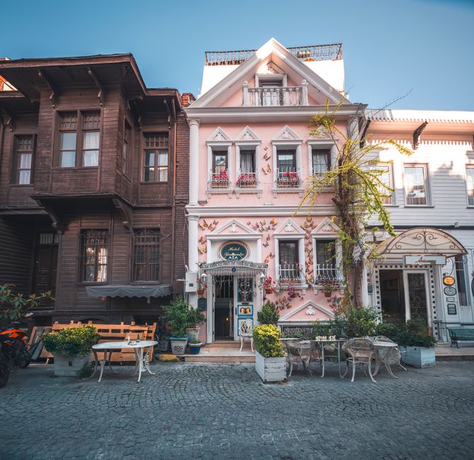 Cobblestone street in Sultanahmet with Ottoman houses