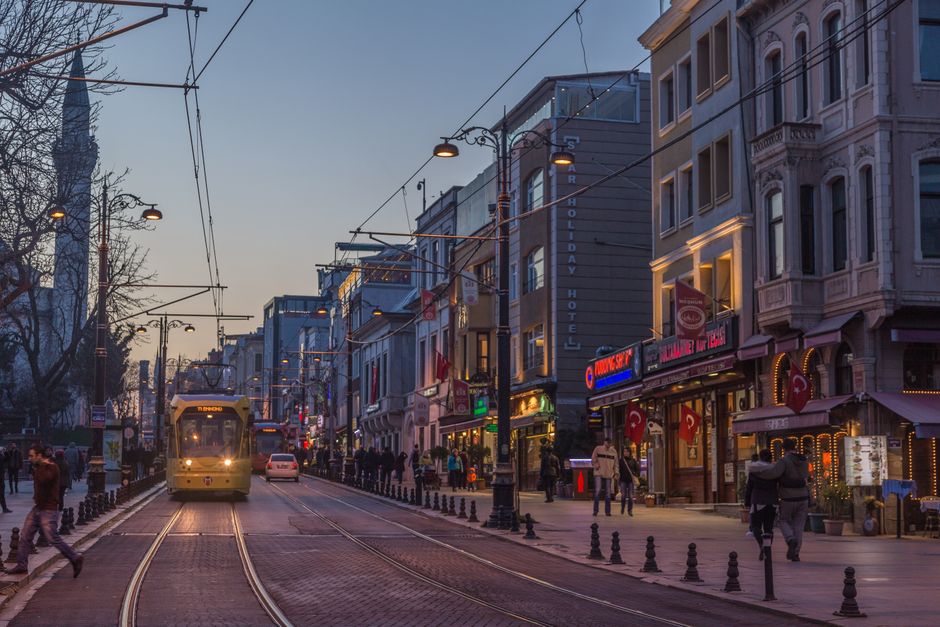 cobblestone street in Karaköy at dusk